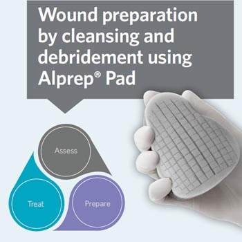 Wound preparation by cleansing and debridement using Alprep® Pad.